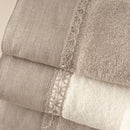 Set Spugna 4 Pezzi Asciugamani Viso + Ospite con Balza e Trina di Lino Garrini Bryanna Beige