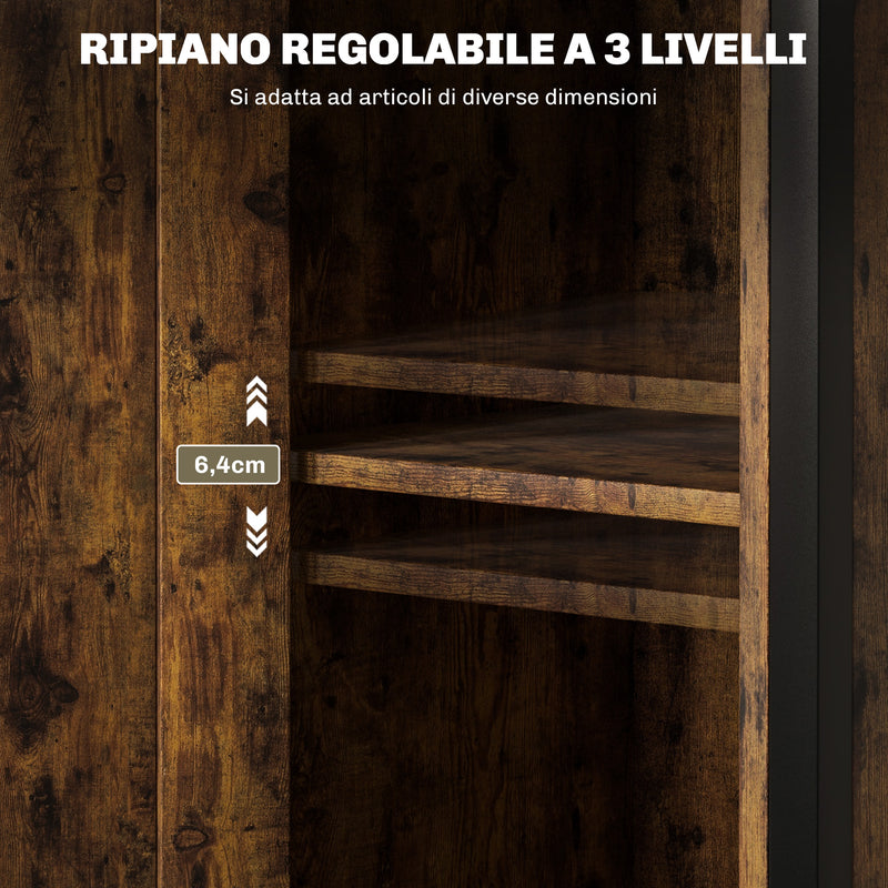 Comodino Stile Industriale 2 Ripiani e Scaffale Interno Regolabile 34x30x80 cm in Legno e Acciaio Marrone