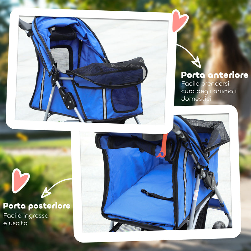 Passeggino per Cani Taglia Piccola Pieghevole con Copertura Antipioggia e Freni Blu    