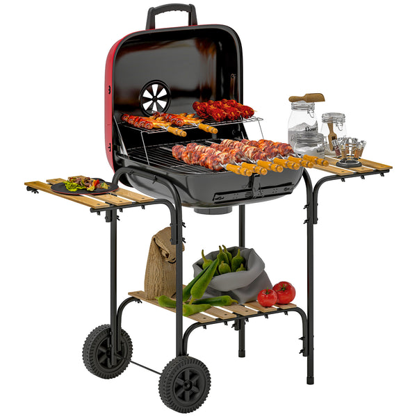 prezzo Barbecue a Carbone 98x54x91 cm Coperchio con Presa d'Aria Regolabile 3 Ripiani e Ruote in Acciaio e Legno Rosso