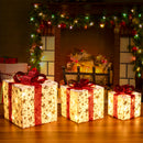 Set 3 Pacchi Regalo Natalizi Luminosi 25-20-15 cm con LED Bianco Caldo e USB Bianco e Oro con Fiocco Rosso      