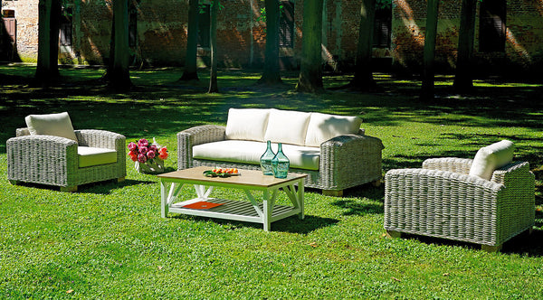 Garten-Lounge-Set in gebleichtem grauem Kubu-Sofa, 2 Sesseln und Couchtisch Vorghini Varanasi acquista