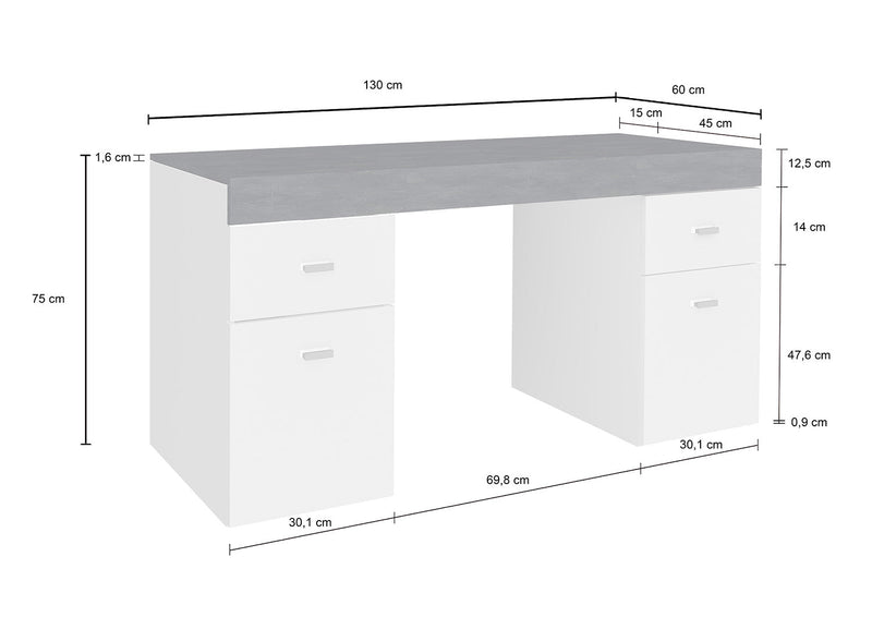 Scrivania 2 Ante 2 Cassetti 130x60x75 cm Sliding Bianco Lucido e Ardesia