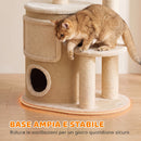 Tiragraffi per Gatti Multilivello 55x39x90 cm con 4 Pali in Sisal 2 Casette Cuccia e Pompon in Truciolare e Peluche Beige      