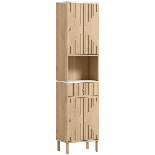 sconto Mobile a Colonna Bagno 41,5x30x168 cm con  Ripiano Effetto Marmo e Ante Decorate in MDF Rovere