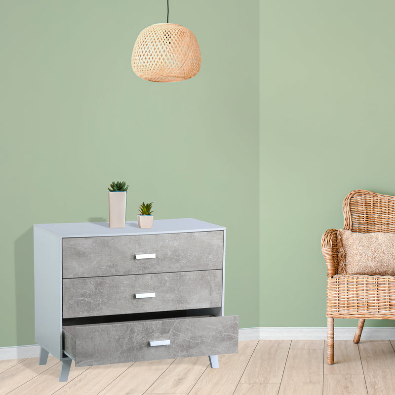 Comò 3 Cassetti 90x40x75 cm in Pannello Truciolare Bianco/Cemento