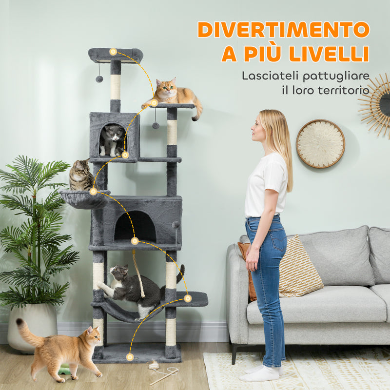 Albero Tiragraffi per Gatti Alto 202 cm con 6 Pali in Sisal Casette Amache e Lettino Grigio      