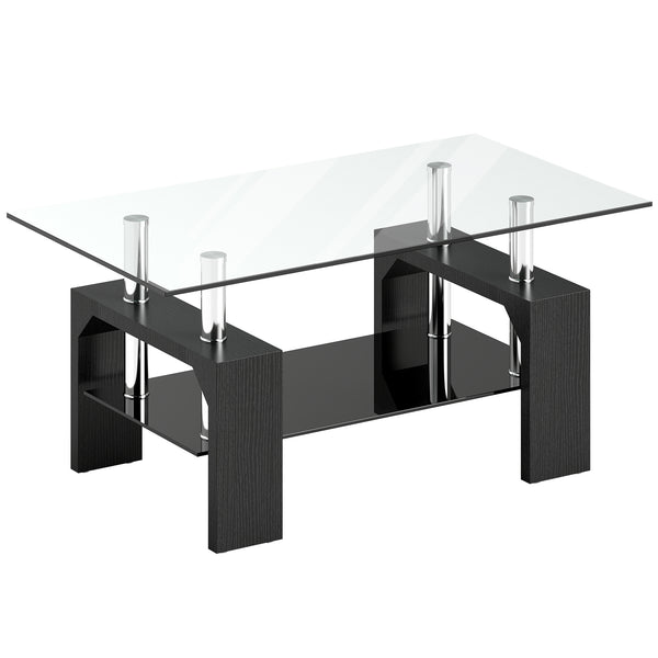 Tavolino da Caffè Moderno a 2 Livelli 90x50x42 cm con Piano in Vetro Temperato in Legno e Acciaio Nero prezzo