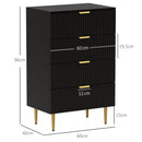 Cassettiera da 4 Cassetti Design Canettato 60x40x96 cm con Maniglie Dorate e Dispositivo Antiribaltamento in MDF Nero      