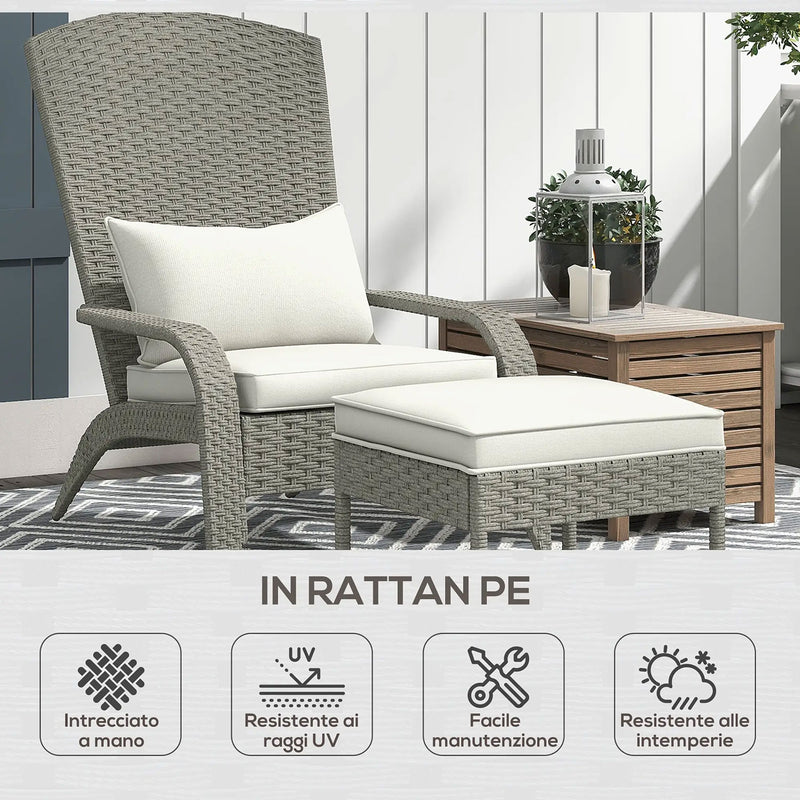 Sedia da Giardino con Poggiapiedi e Cuscini Imbottiti 64x82x89 cm in Rattan e Acciaio Grigio e Crema