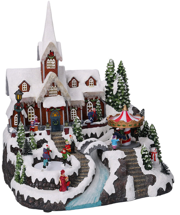 Weihnachtsdorf in Harz Kirche und Eisbahn mit Lichtern und Geräuschen 33x31xh38 cm Adami sconto