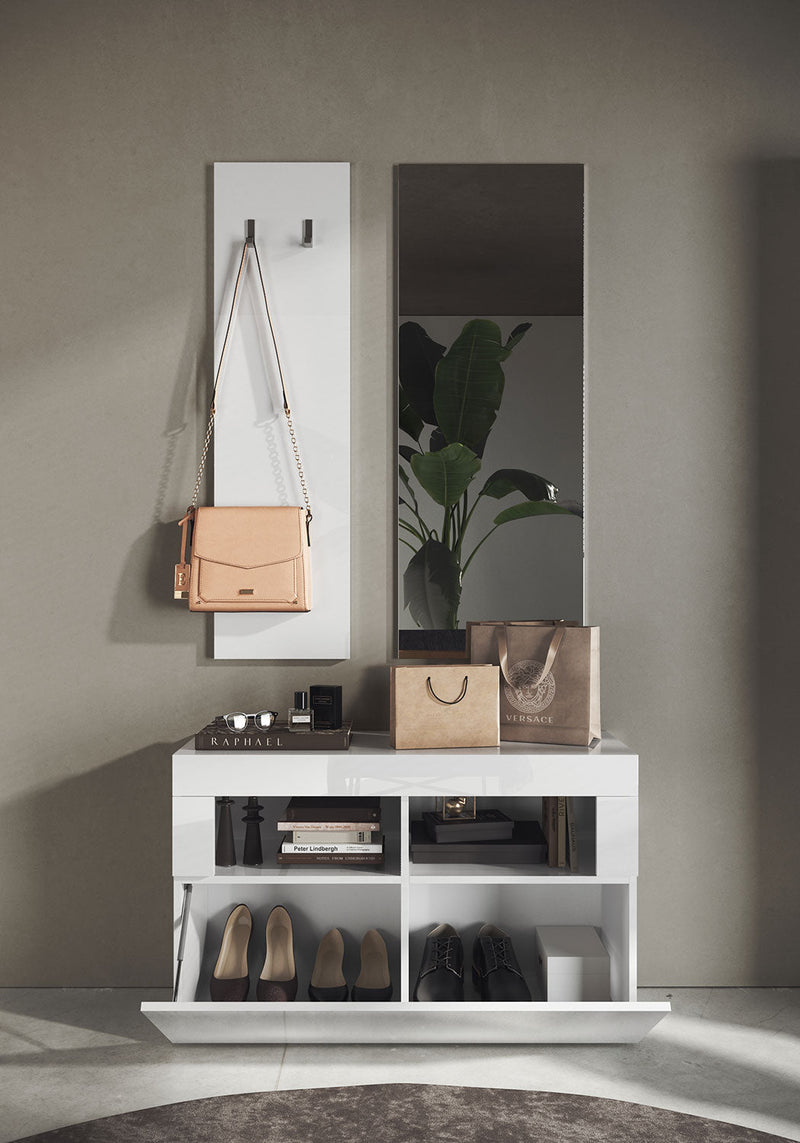 Set Ingresso Mobile 1 Anta a Ribalta Appendiabiti 91x36x165 cm e Specchio 50x110 cm Linea Basic Bianco Lucido