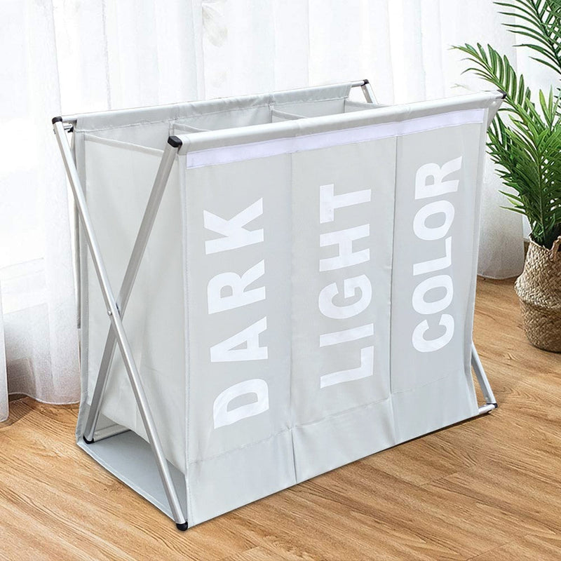 Cesto Portabiancheria 63x61x32 cm 3 Scomparti in Alluminio Grigio Chiaro