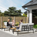 Set Salotto da Giardino Modulabile 2 Divanetti e 2 Tavolini in Metallo e Legno Composito Grigio Nero e Teak    
