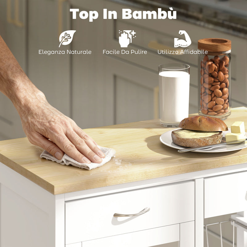 Carrello da Cucina 67x35x80 cm con 2 Cassetti Armadietto Ripiano e 2 Cestini in Acciaio e Bambù Bianco      