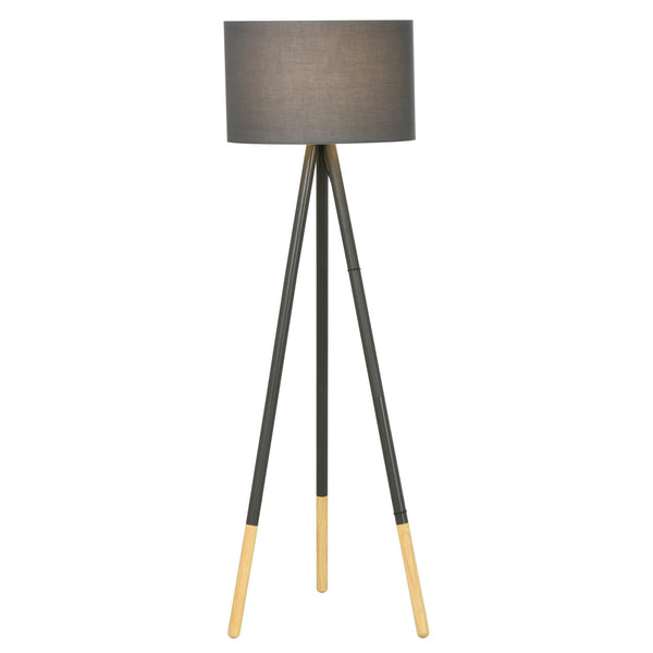 sconto Tripod Stehlampe aus Holz mit grauem E27 Ø52x153 cm Lampenschirm