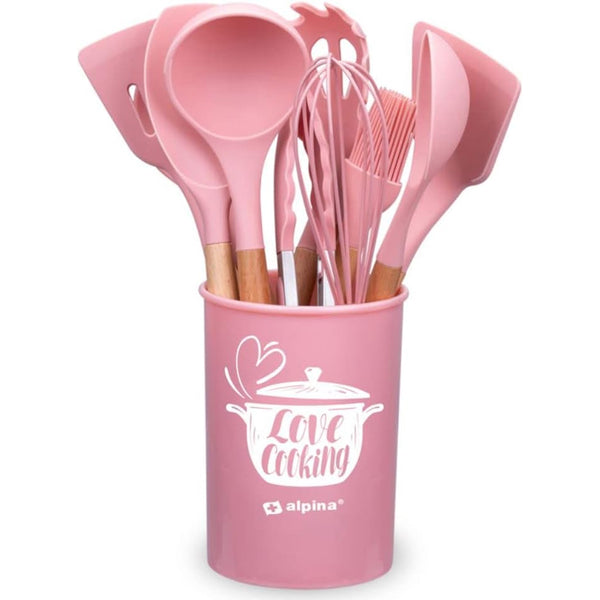 sconto Set 12 Utensili da Cucina con Supporto in Silicone e Manico Legno Rosa