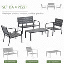 Set Salotto da Giardino Divano 2 Poltrone e Tavolino in Acciaio e HDPE Caffè