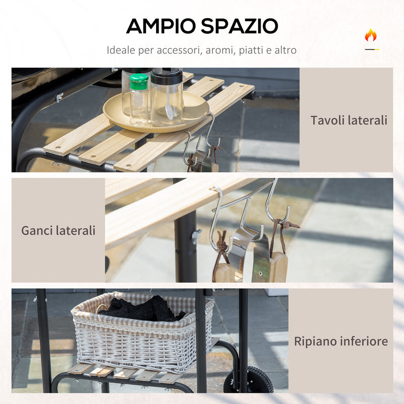 Barbecue a Carbone con Coperchio con Ripiani e Utensili da Cucina Nero   