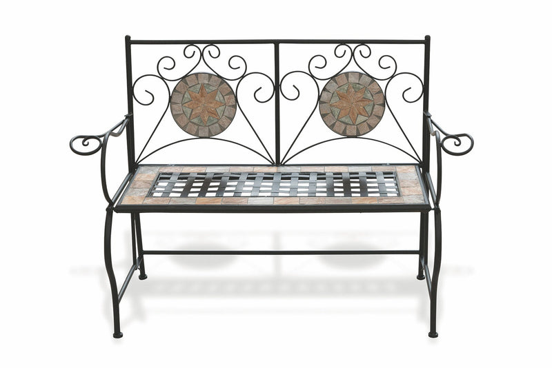 Panca da Giardino 123x53x91 cm in Ferro Battuto con Mosaico Soriani Cipro