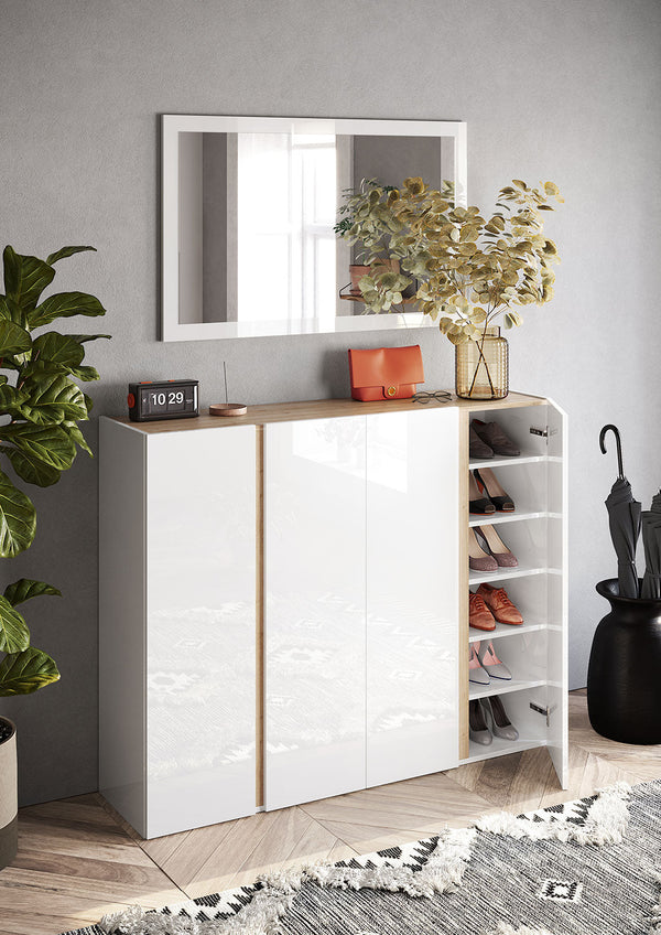 Mobile Multiuso 4 Ante con 10 Ripiani 140x35x111 cm Frame Bianco Lucido e Cadiz