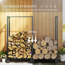 Portalegna per Camino da Esterno a 2 Sezioni 123x32x115 cm con Ganci e Anelli in Acciaio Verniciato Nero