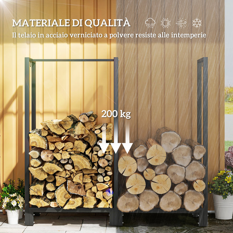 Portalegna per Camino da Esterno a 2 Sezioni 123x32x115 cm con Ganci e Anelli in Acciaio Verniciato Nero