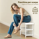 Panca Scarpiera Bassa 70x28x45 cm con 2 Ripiani a Doghe e Seduta in Bambù Bianco      