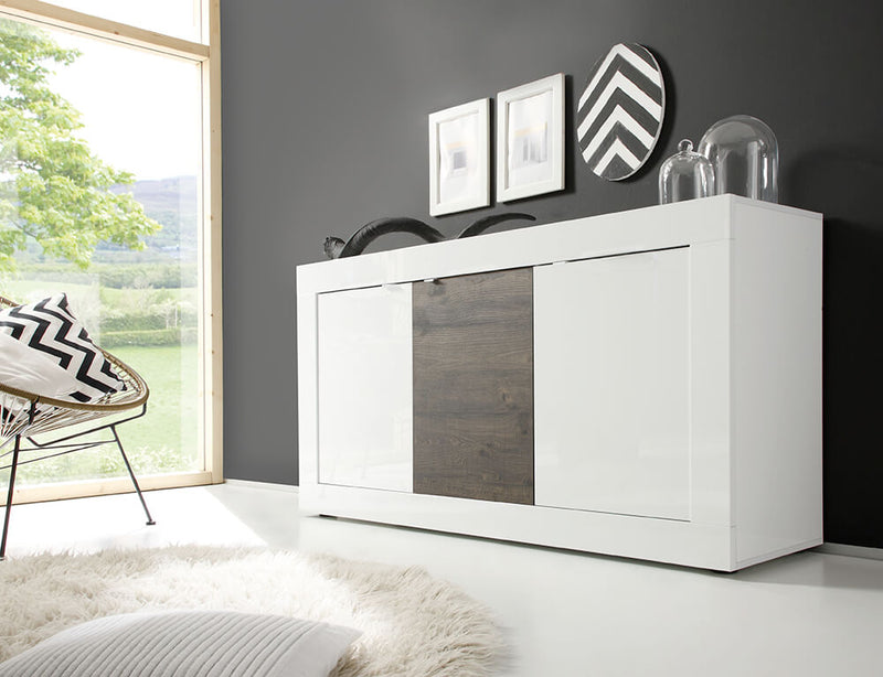 Credenza Mobile da Salotto 3 Porte 160x43x86cm TFT  Basic Bianco Lucido Quercia Wengè