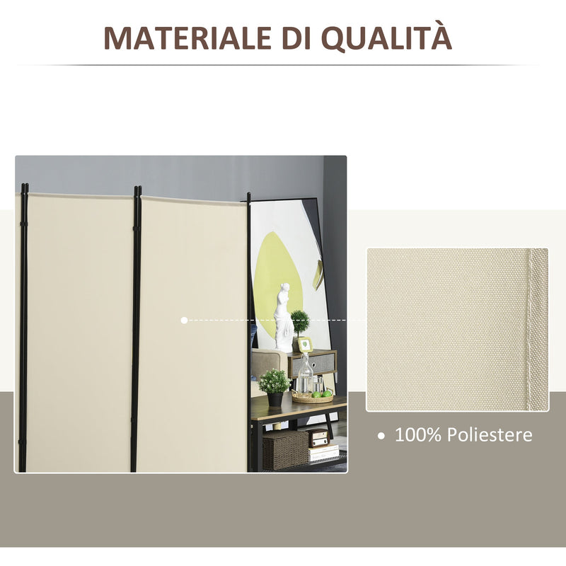 Paravento Separè 3 Pannelli 253x50x182 cm in Metallo e Poliestere Beige