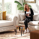 Tavolino da Salotto Ø40x39 cm con Bordo Rialzato e 3 Gambe in Legno e Acciaio Nero e color Legno  