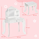 Toeletta Trucco per Bambine Consolle e Sgabello 63x40x85,5 cm con Triplo Specchio in Legno e Acrilico Bianco      
