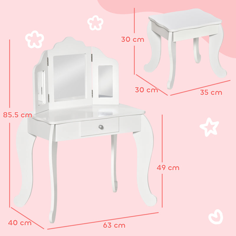 Toeletta Trucco per Bambine Consolle e Sgabello 63x40x85,5 cm con Triplo Specchio in Legno e Acrilico Bianco      