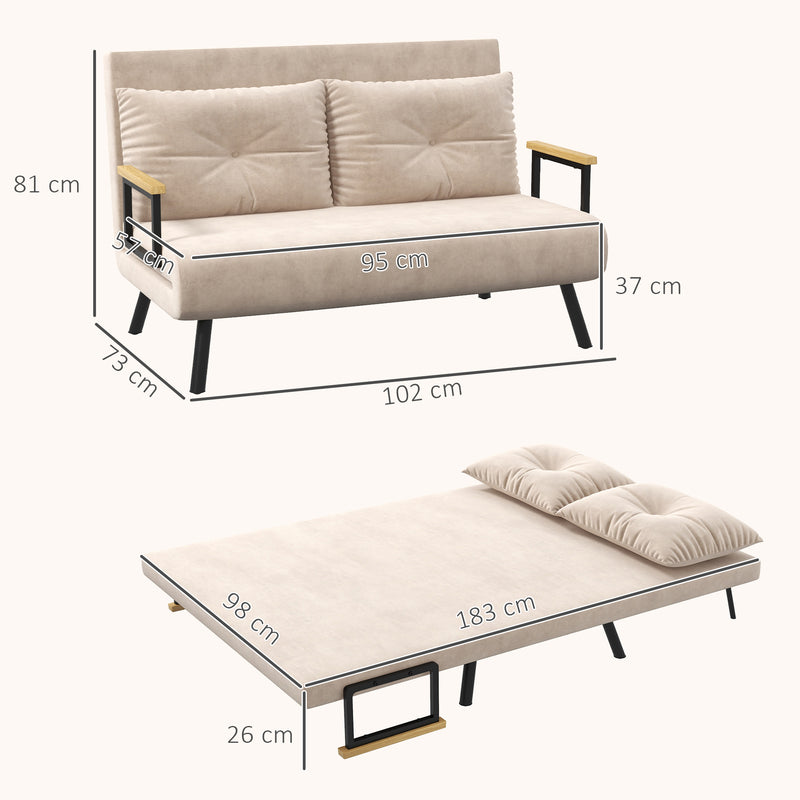 Divano Letto 3 in 1 con Schienale Regolabile e 2 Cuscini 102x73x81 cm in Tessuto Effetto Velluto Beige      