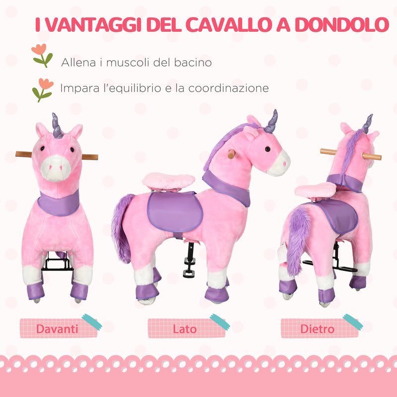 Cavallo a Dondolo per Bambini 70x32x87 cm con Ruote a Forma di Unicorno Rosa