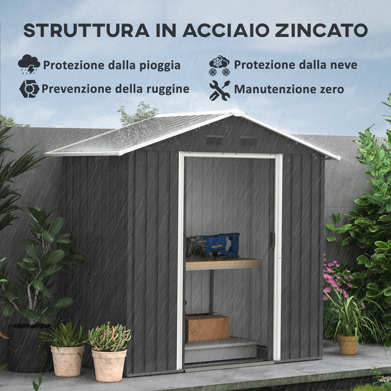 Casetta Box da Giardino con Doppia Porta Scorrevole 4 Prese d'Aria 194x110x184 cm in Acciaio Zincato Grigio 