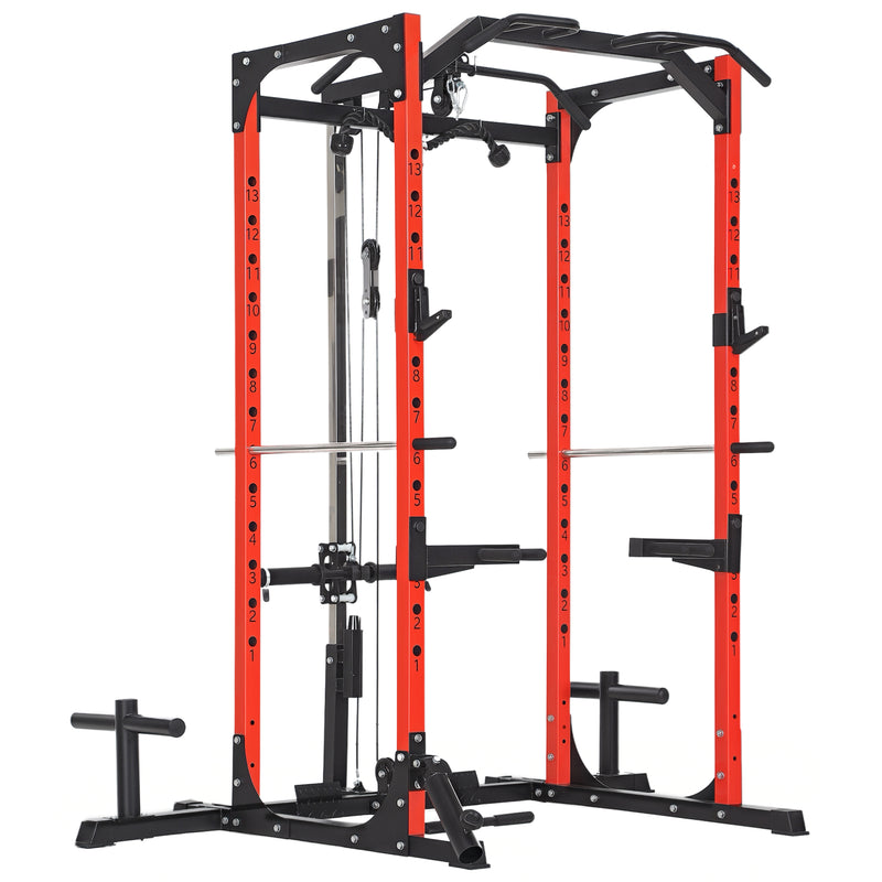 Stazione Fitness 191x153x205 cm Bilanciere Trazioni e Dip in Acciaio Rosso e Nero 