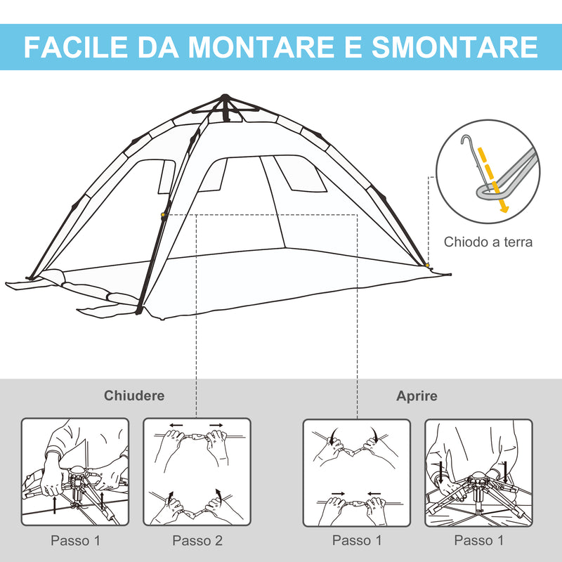 Tenda da Spiaggia Pop Up 220x173x120 cm con Porta a Cerniera in Poliestere e Fibra di Vetro Blu Chiaro e Giallo  