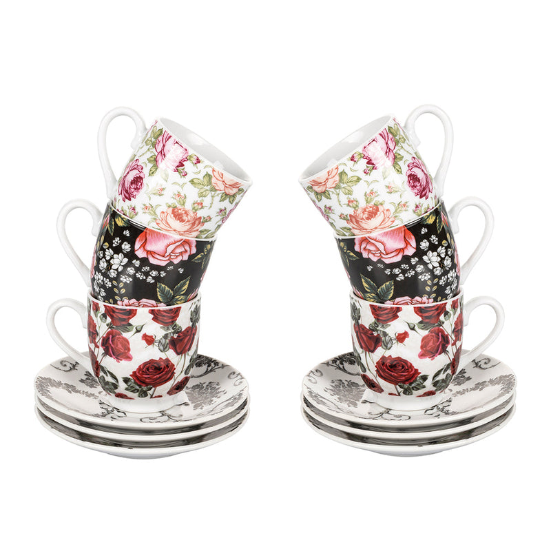 Set 6 Tazzine da Caffè con Piattino Ø5,5x6 cm in Porcellana VdE Tivoli 1996 Rose Baroque