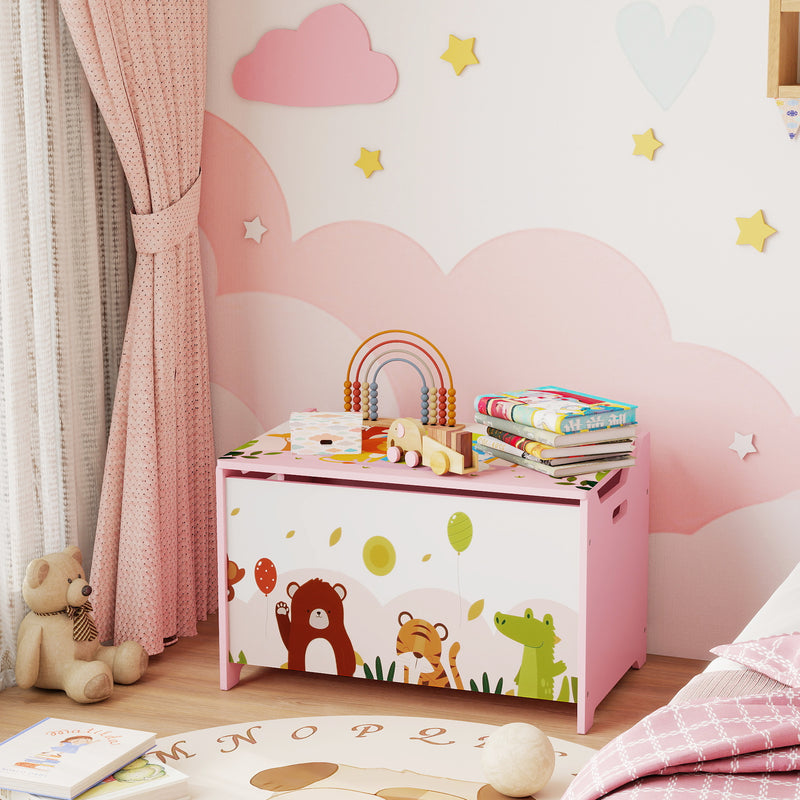 Baule Portagiochi per Bambini Tema Animali 60x37x39 cm con Cerniere di Sicurezza in Legno Rosa      