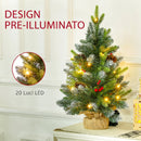 Mini Albero di Natale Ø43x60 cm con Luci LED 141 Rami con Pigne e Bacche Rosse Base in Cemento Verde      