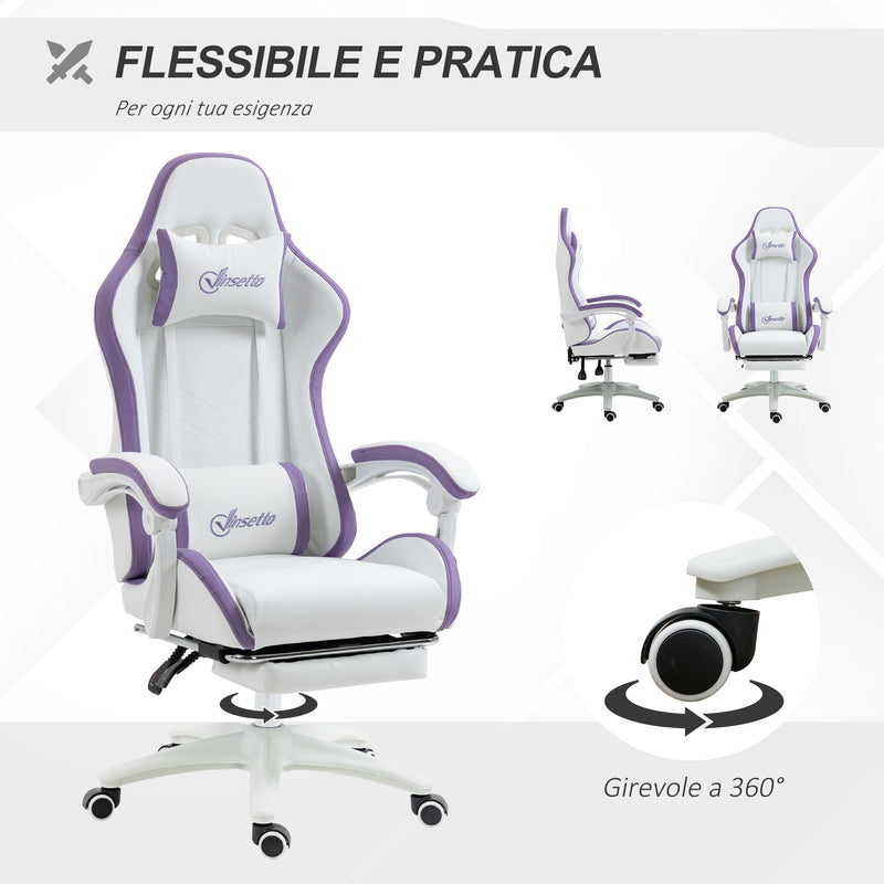 Sedia da Gaming con Schienale Reclinabile 65x65x121-129 cm in Finta Pelle PU Bianco e Viola  