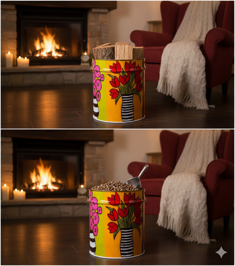 Porta Legna o Pellet Contenitore Senza Coperchio Ø39x42 cm in Ferro Verniciato Big Flowers Multicolore