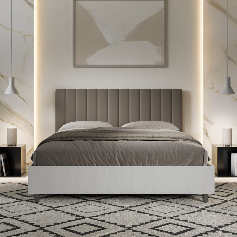 Letto Matrimoniale con Rete e Contenitore Alzata Comoda Struttura Bianco Frassico e Testata in Similpelle Kaia Cappuccino Varie Misure