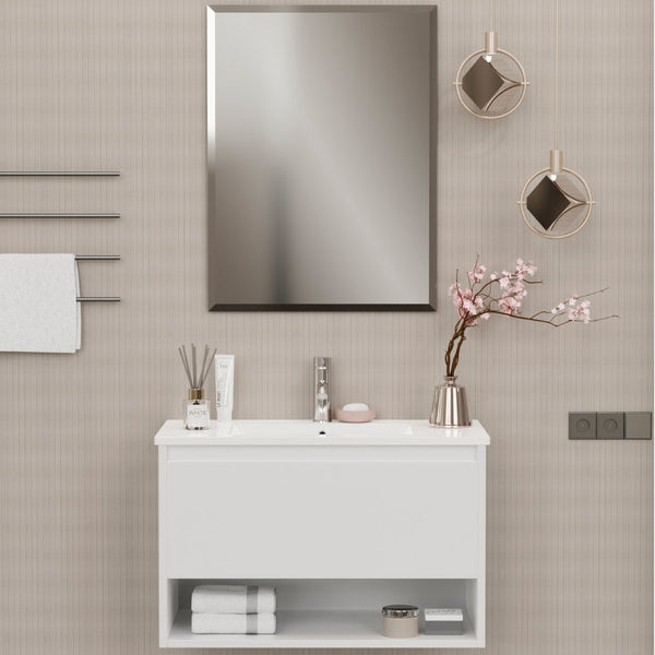 Mobile Bagno Sospeso 80 cm Lavabo e Specchio Milano Bianco Lucido sconto