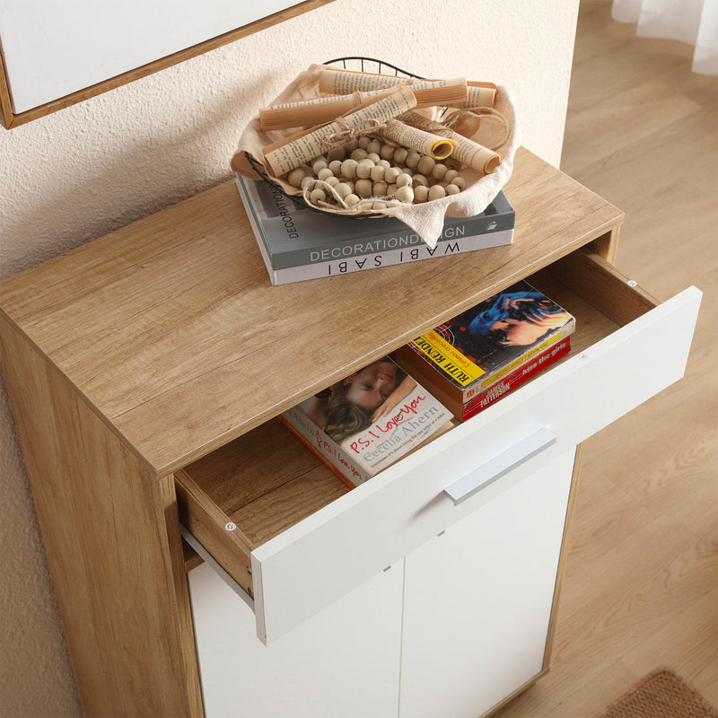 Scarpiera Mobile Salvaspazio 2 Ante 1 Cassetto 63x33x95h cm in Melaminico Venato a Rilievo Rovere e Bianco