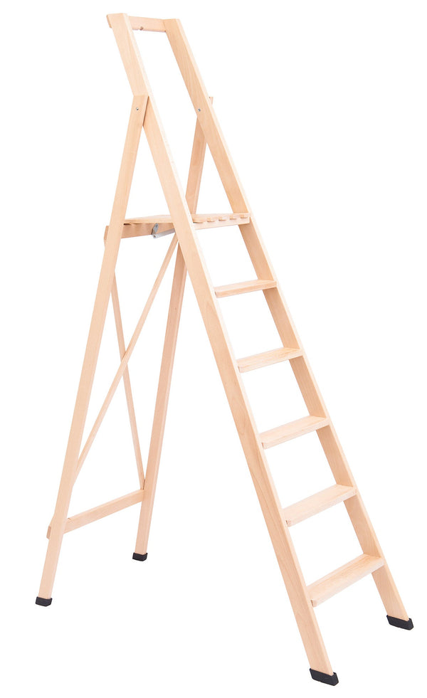 sconto Klappbare Holzleiter 6 Stufen H130 cm Natur