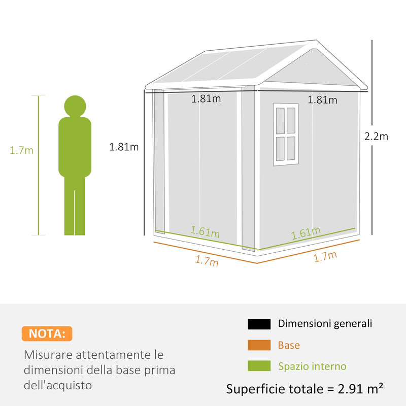 Casetta Box da Giardino 180x180 cm con Pavimento 2 Porte con Blocco e Finestra in Resina Grigio  