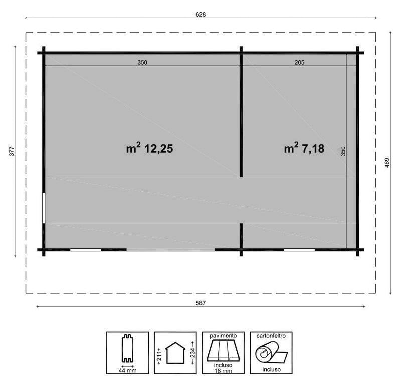 Casetta da Giardino Aurora 5,87x3,77m Porta Doppia in Legno di Abete Grezzo