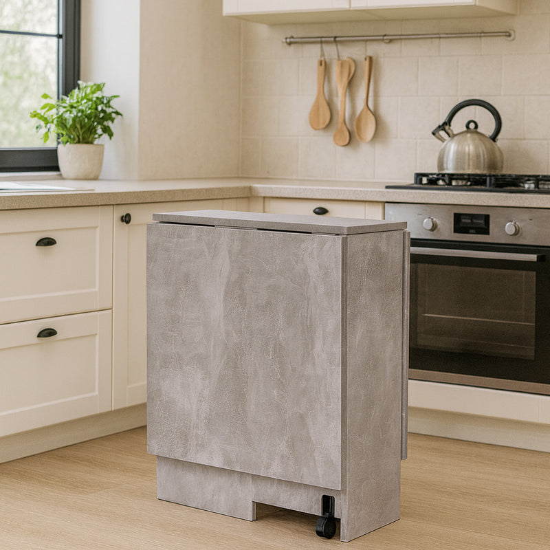 Tavolo da Pranzo Pieghevole Salvaspazio 140x75x74 cm Ante a Ribalta con Ruote Effetto Cemento      